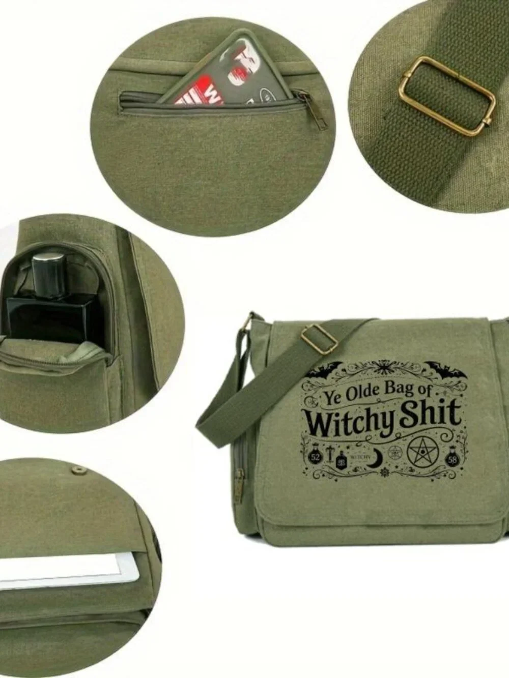 Messenger Bag Large Capacity Retro Tote with Bat and Pentagram Print